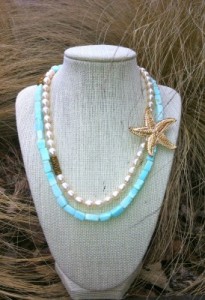 MKaltenbach Custom Necklace: Blush freshwater pearls and mint opal combined with brass detailing and large starfish pendant.